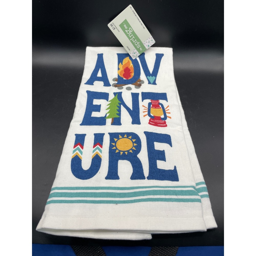 The Spring Shop Adventure Camping Kitchen Towel White Blue 16x26 NWT 5662267